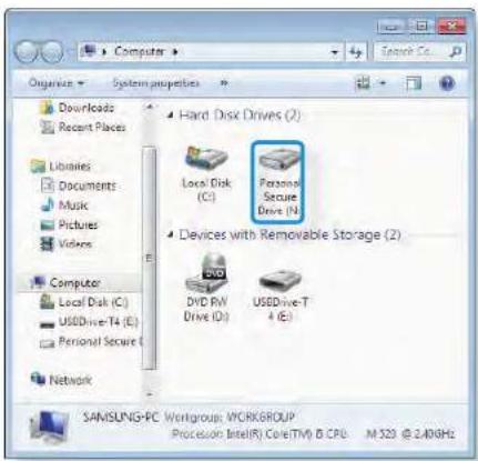 Computer Organize System properties Downloads Recent Places Libraries Documents Music Pictures Videos Computer Local Disk (C) USDDriver-T4 (E) Personal Secure Network Hard Disk Drives (2) Local Disk (C) Fencing Secure Drive (N) Devices with Removable Storage (2) DVD RW Drive ID USDDrive-T 4 (E) SAMSUNG-PC Workgroup WORKGROUP Process: Intel(R) Core(TV) B CPU M 323 @ 2.40Hz