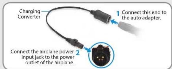 Charging Converter 1 Connect this end to the auto adapter. 2 Connect the airplane power input jack to the power outlet of the airplane.