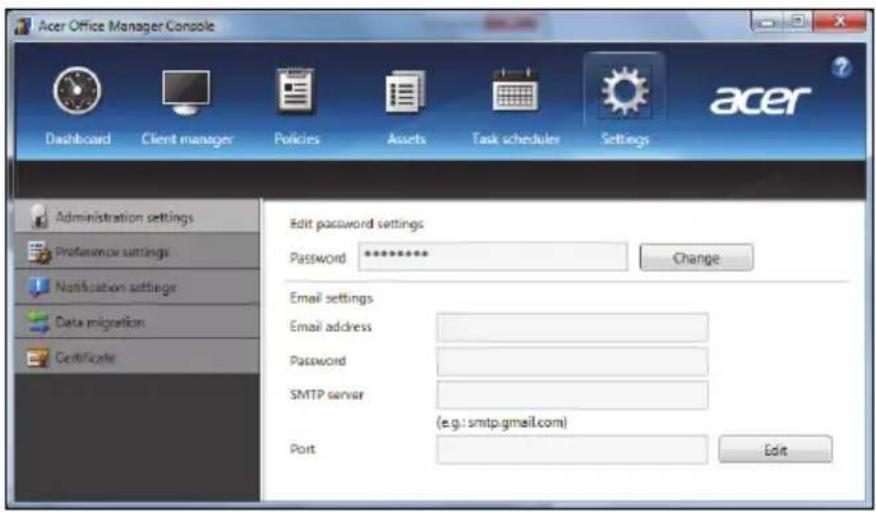 Acer Office Manager Console. Tabs: Dashboard, Client manager, Policies, Assets, Task scheduler, Settings. Sections: Administration settings, Preference settings, Notification settings, Data migration, Certificate. Edit password settings: Password ********, Change. Email settings: Email address, Pass…