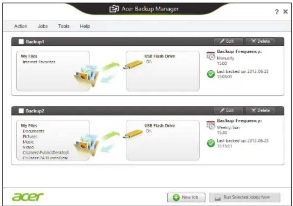 Acer Backup Manager. Action Jobs Tools Help. Backup1: My Files, Internet Favorites, USB Flash Drive, DA. Backup Frequency: Manually, 15:00. Last backed up: 2012-06-25 15:05:03. Backup2: My Files, Documents, Pictures, Music, Video, C:\Users\Public\Desktop\, C:\Users\7A30\users\Desk..., USB Flash Driv…
