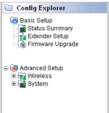 Config Explorer Basic Setup Status Summary Extender Setup Firmware Upgrade Advanced Setup Wireless System