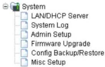 System LAN/DHCP Server System Log Admin Setup Firmware Upgrade Config Backup/Restore Misc Setup