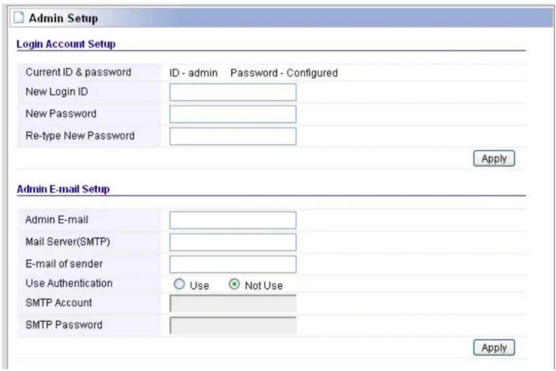Admin Setup Login Account Setup Current ID & password ID - admin Password - Configured New Login ID New Password Re-type New Password Apply Admin E-mail Setup Admin E-mail Mail Server(SMTP) E-mail of sender Use Authentication ○ Use ● Not Use SMTP Account SMTP Password Apply