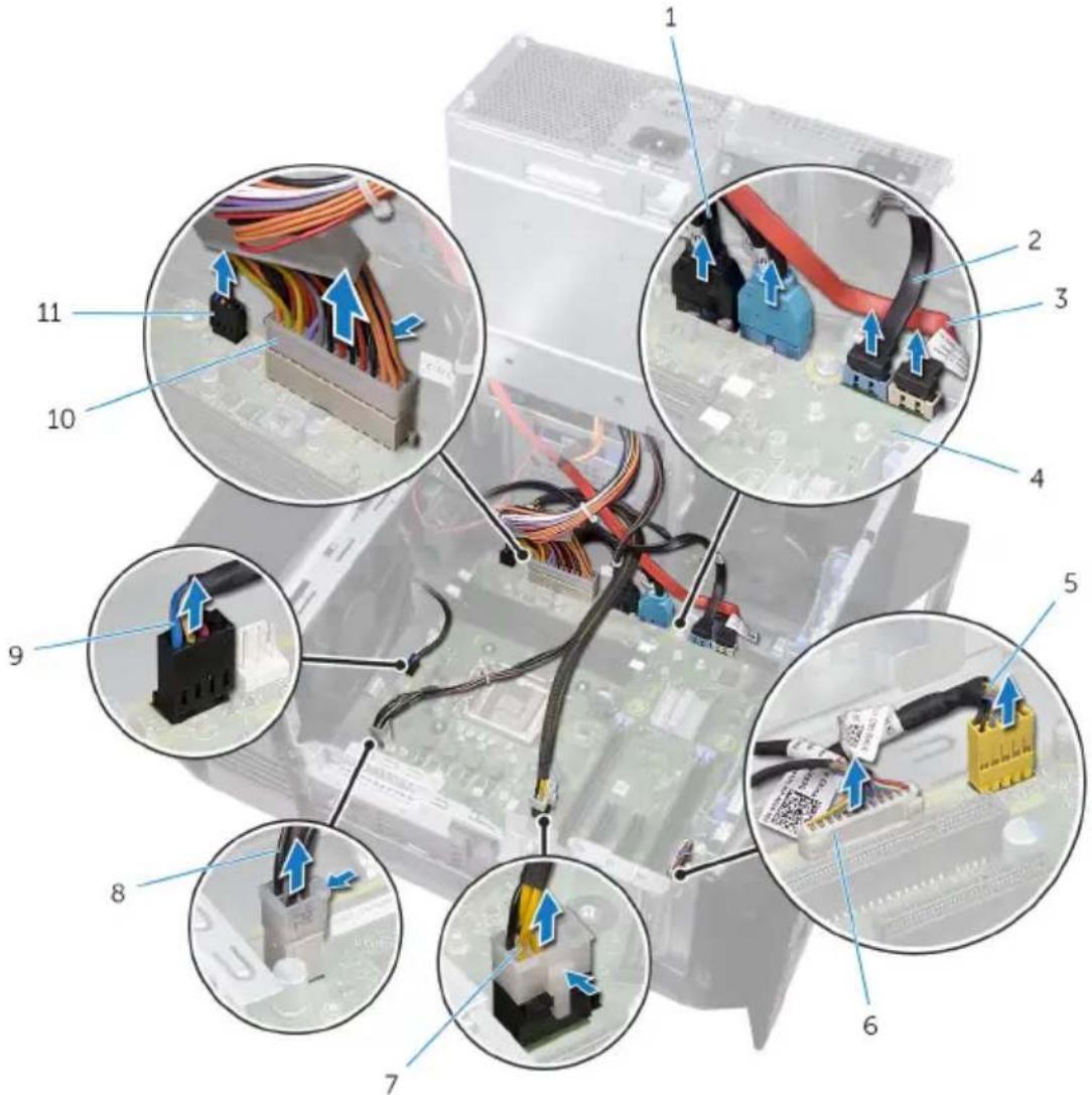 Labeled diagram of computer hardware components showing cable connections and connectors with numbered parts