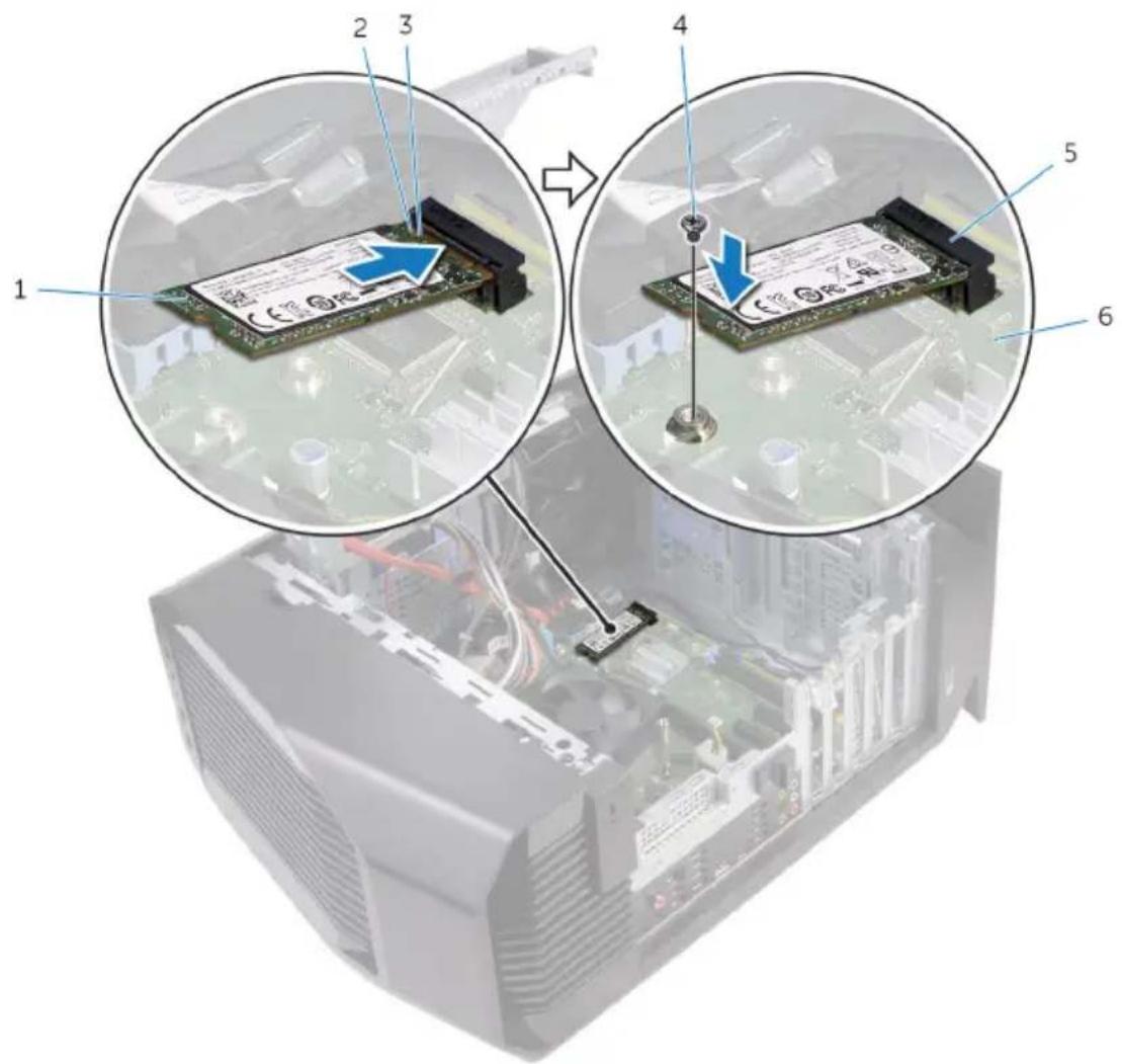 Diagram showing a computer motherboard with labeled components and blue arrows indicating assembly or repair steps.