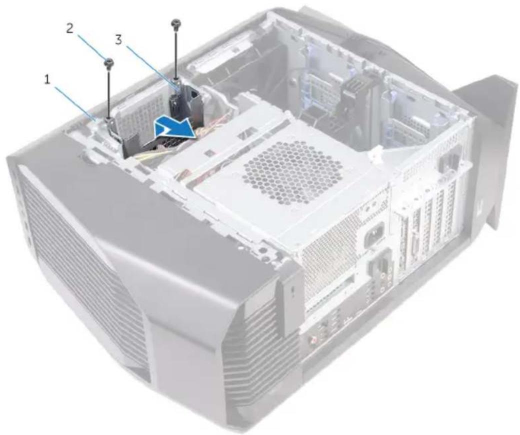 Diagram of an internal computer tower with numbered components and a blue directional arrow indicating a specific location.
