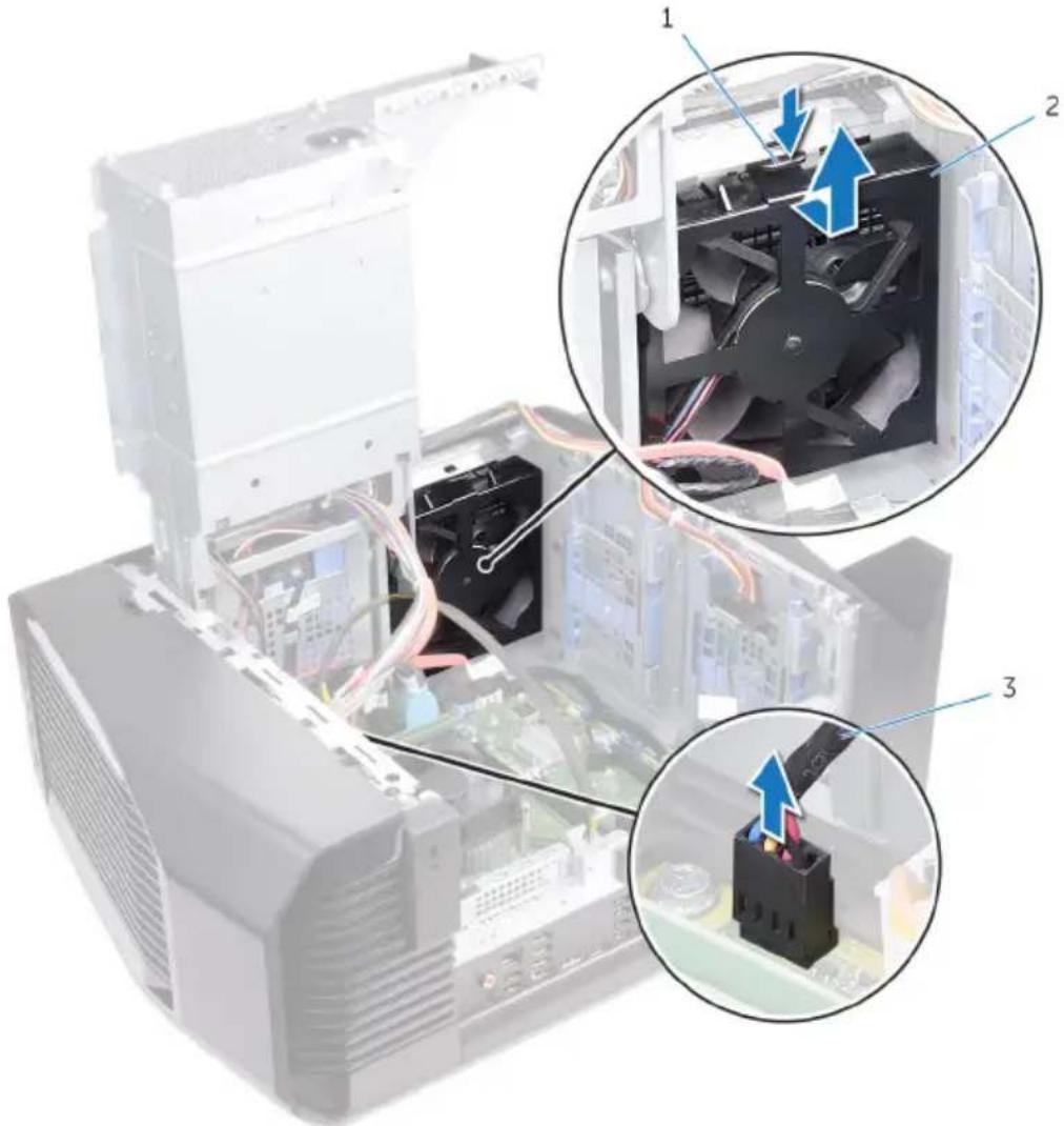 Diagram of computer hardware components with numbered parts and highlighted fans, showing connections between CPU and monitor.