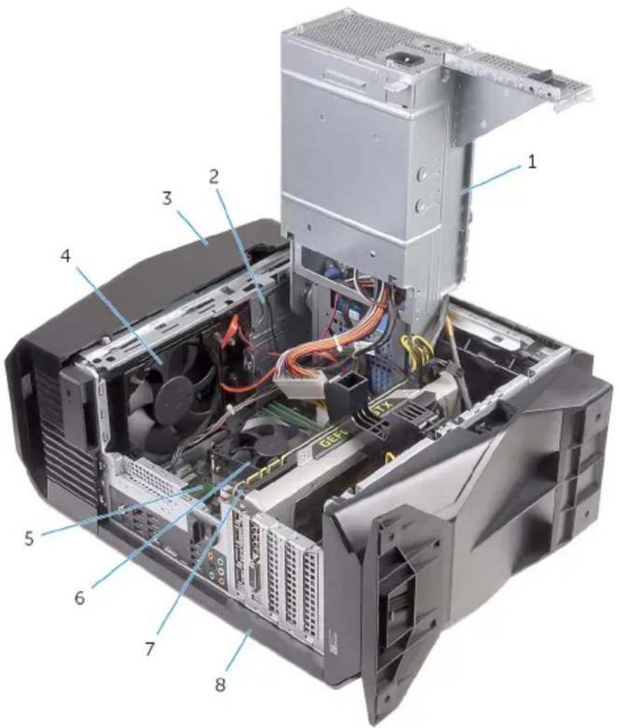 Exploded view diagram of a computer tower showing internal components like CPU, drive, and tower with numbered labels.