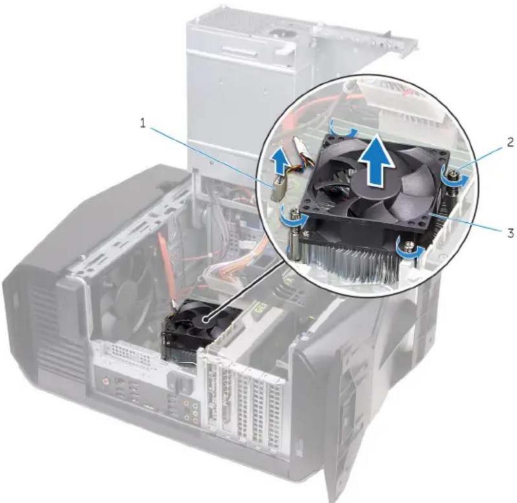 Technical diagram of a computer motherboard with labeled components and a magnified inset showing the CPU fan assembly.