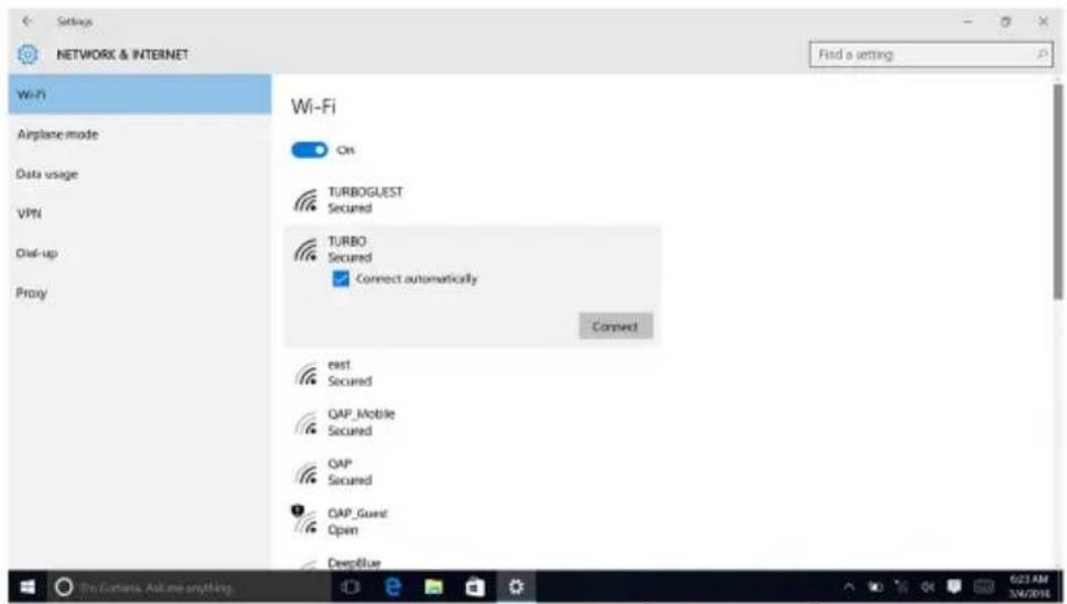 Settings NETWORK & INTERNET Wi-Fi Airplane mode Data usage VPN Dial-up Proxy Wi-Fi On TURBOGUEST Secured TURBO Secured Connect automatically Connect est Secured QAP_Mobile Secured QAP Secured QAP_Guest Open DeepBlue Find a setting Tru Connection. Add me anything.
