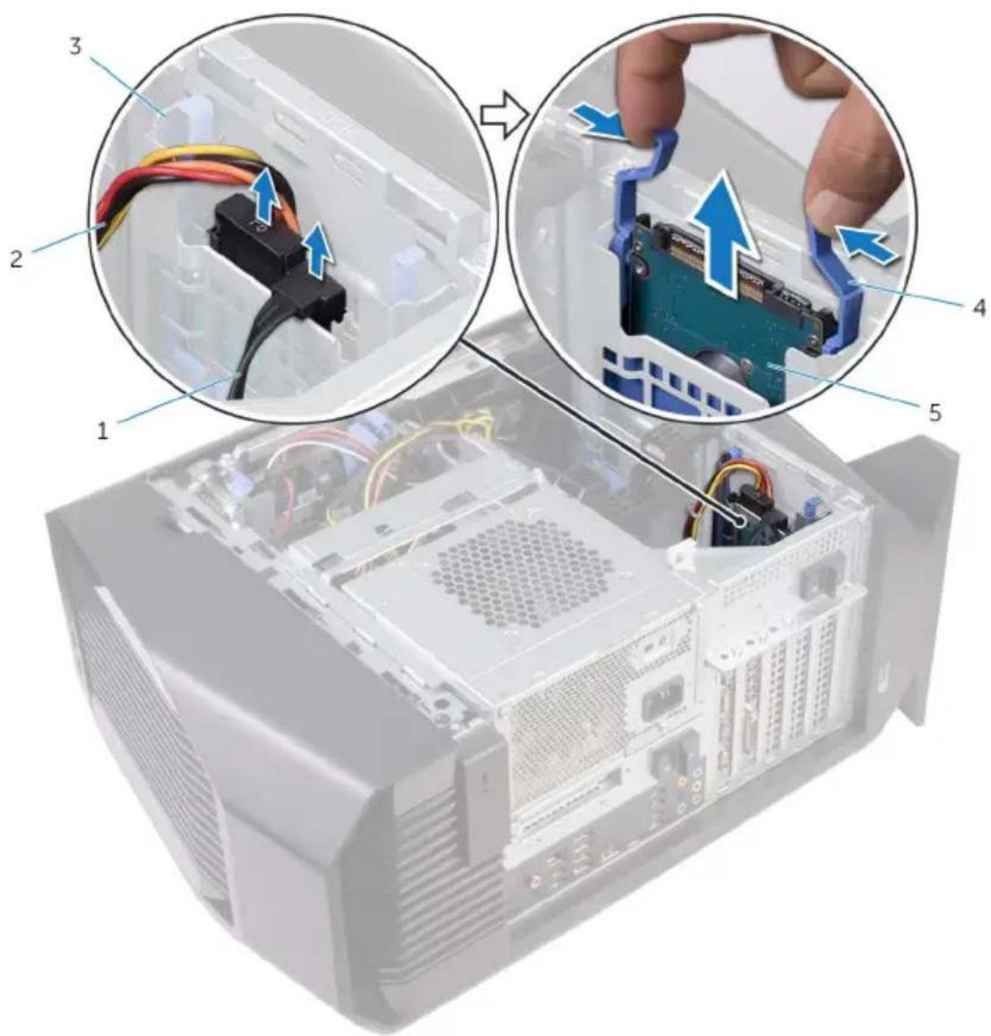 Diagram showing cable installation process with numbered components and blue arrows indicating assembly steps