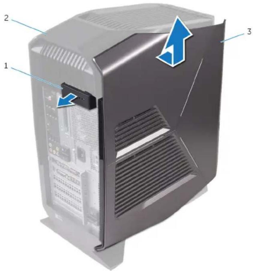 Diagram of a desktop computer tower with labeled components and directional arrows indicating movement or change.