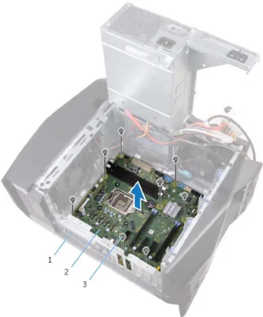 Diagram of an open computer motherboard showing CPU socket, motherboard, and internal components with numbered labels