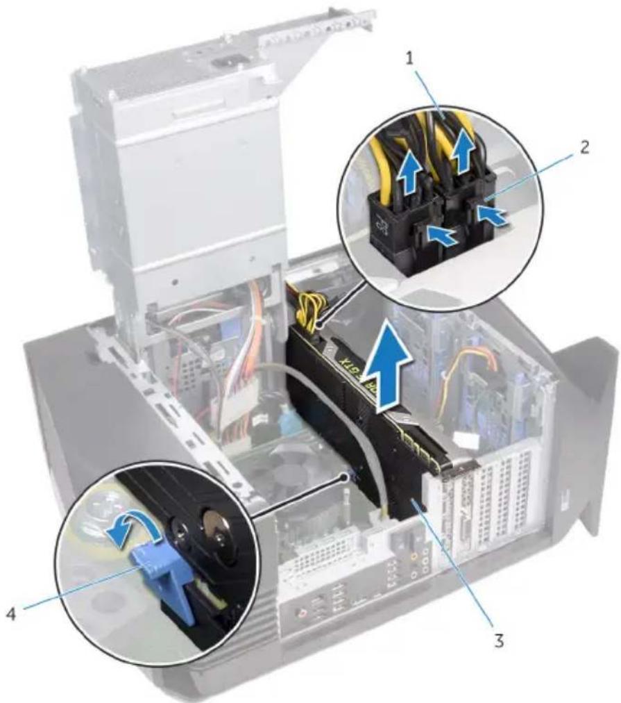 Diagram of a computer motherboard showing internal components with numbered annotations and blue arrows indicating directional changes.