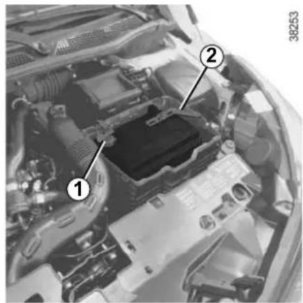 Technical diagram of a car engine bay with numbered components and part number 38253 visible
