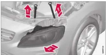 Diagram showing car headlight installation with red arrows indicating components and labels like 'GAR10' and directional indicators.