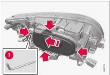 Technical diagram of a car body component with red arrows indicating parts of the handle and a numbered annotation pointing to a specific part.