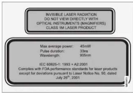 INVISIBLE LASER RADIATION DO NOT VIEW DIRECTLY WITH OPTICAL INSTRUMENTS (MAGNIFIERS) CLASS 1M LASER PRODUCT Max average power: 45mW Pulse duration: 33ns Wavelength: 905nm IEC 60825-f: 1993 + A2:2001 Complies with FDA performance standards for laser products except for deviations pursuant to Laser Notice No. 50, dated July 26th, 2001