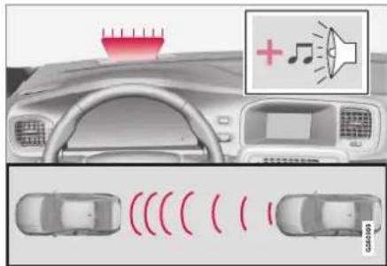 Diagram showing car traffic signals and sound icons with a speaker, including a red signal peak and audio output.