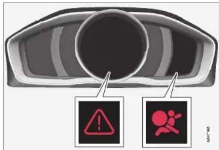 Diagram showing a car head with warning symbols and warning labels, including a red exclamation mark and a red explosive symbol.