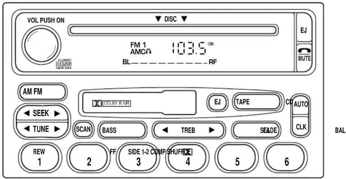 VOL PUSH ON DISC FM 1 AMCO 103.5 ° BL——————RF EJ MUTE AM FM DOLEY B NR EJ TAPE CD AUTO CLK SEEK TUNE SCAN BASS TREB SEADE REW 1 2 FF SIDE 1-2 COMP SHUFFLE 3 4 5 6 BAL