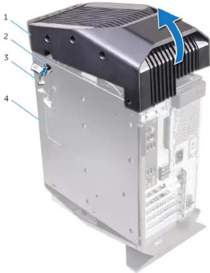 Diagram of a server rack with numbered components and a blue arrow indicating a directional flow or operation.