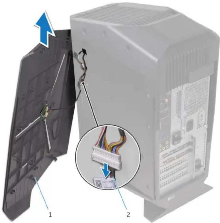Diagram showing cable connection to a server tower with labeled components and directional arrows indicating movement