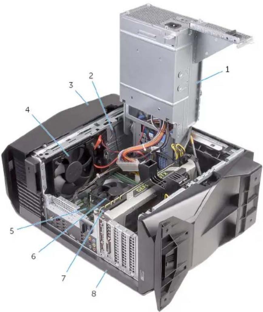 Exploded view diagram of a computer tower showing internal components like CPU, drive, and tower with numbered labels.