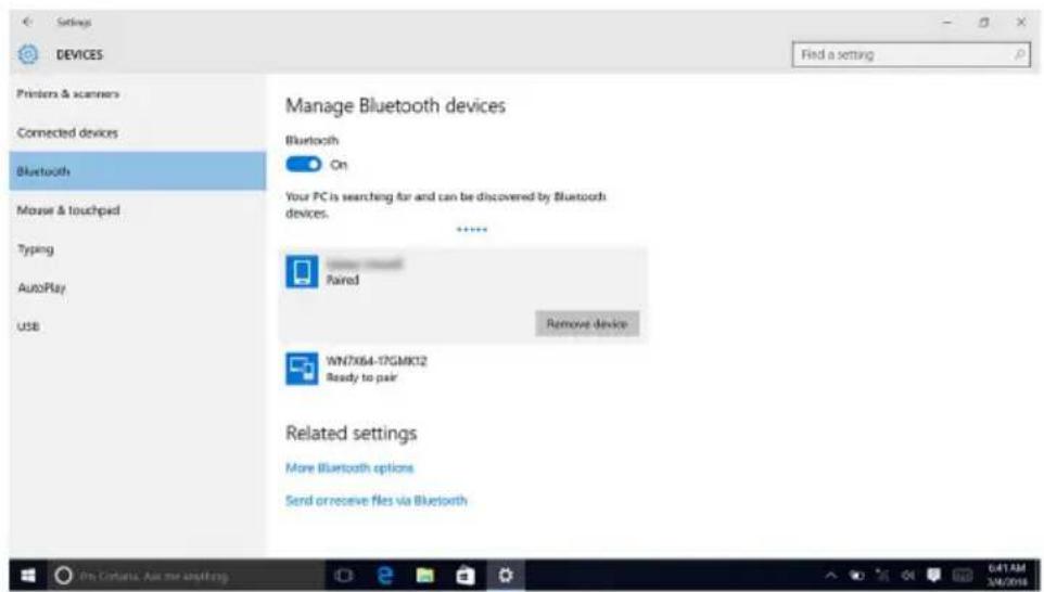 Settings DEVICES Find a setting Printers & scanners Connected devices Bluetooth Mouse & touchpad Typing AutoPlay USB Manage Bluetooth devices Bluetooth On Your PC is searching for and can be discovered by Bluetooth devices. + - Paired Remove device WN7x64-17GMK12 Ready to pair Related settings More Bluetooth options Send or receive files via Bluetooth