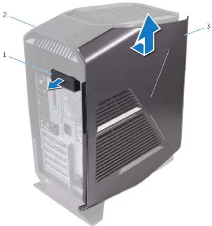Diagram of a desktop computer tower case with labeled components and directional arrows indicating movement or change.