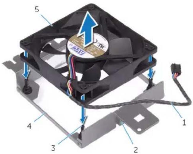 Diagram of a computer CPU fan with numbered parts and a blue lightning bolt indicating the component.