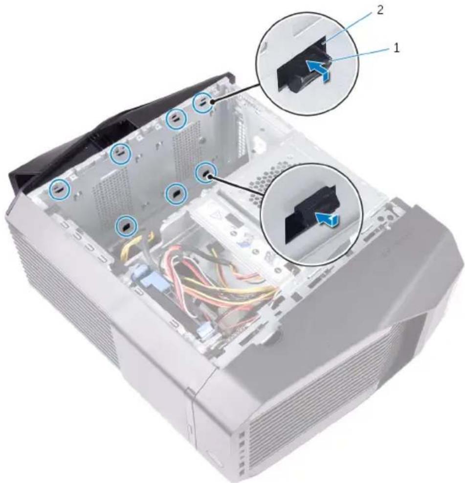 Diagram of an internal computer tower with labeled components and zoomed-in views showing internal structure and cable connections.