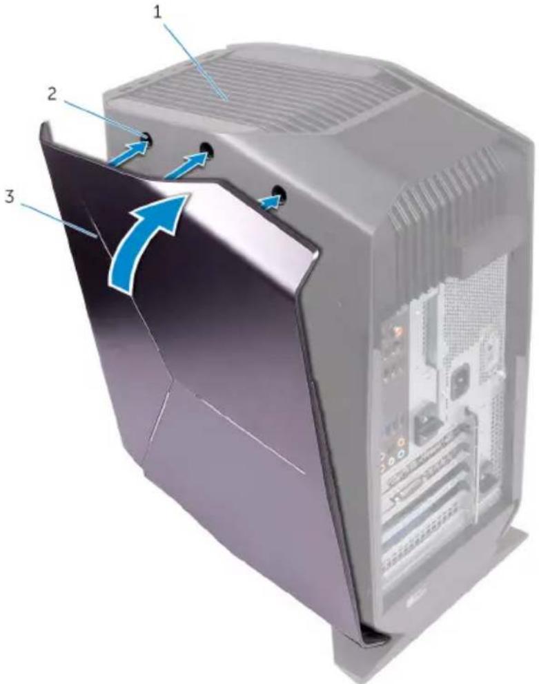 Diagram of a desktop computer tower with labeled components and directional arrows indicating internal structure.