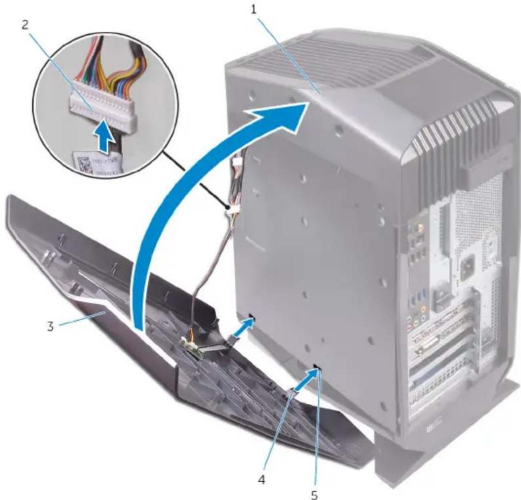 Diagram of computer tower internal components with labeled parts and wiring, showing cable routing and power input.