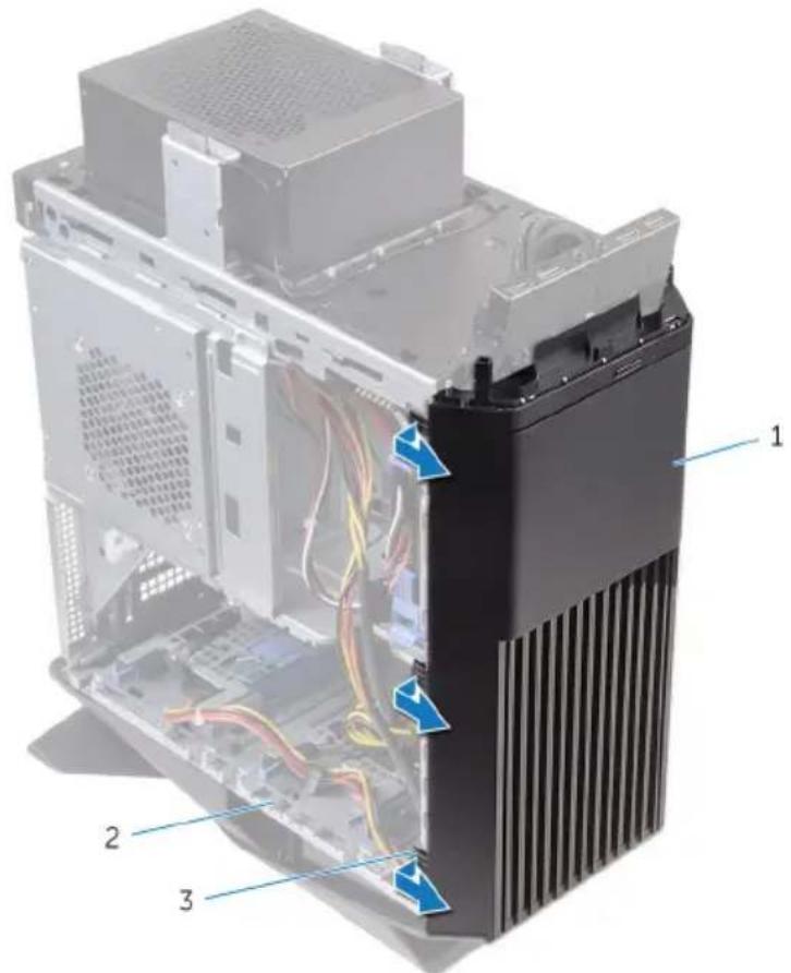 Exploded view diagram of a computer tower showing internal components and cable connections with numbered labels