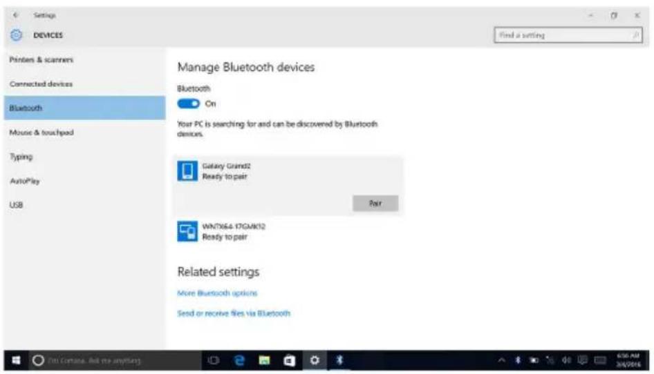 Settings DEVICES Find a setting Printers & scanners Connected devices Bluetooth Mouse & touchpad Typing AutoPlay USB Manage Bluetooth devices Bluetooth On Your PC is searching for and can be discovered by Bluetooth devices. Galaxy Grand2 Ready to pair Pair WNTX64.17GMK12 Ready to pair Related settings More Bluetooth options Send or receive files via Bluetooth