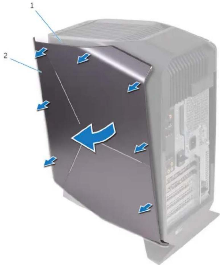 Diagram of a server rack with blue directional arrows indicating movement or flow, labeled 1 and 2.