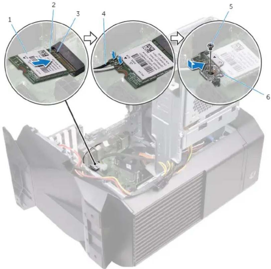 Diagram showing six steps of inserting a microchip into a computer motherboard, with labeled components and wiring.
