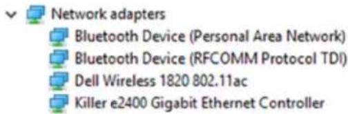 Network adapters Bluetooth Device (Personal Area Network) Bluetooth Device (RFCOMM Protocol TDI) Dell Wireless 1820 802.11ac Killer e2400 Gigabit Ethernet Controller