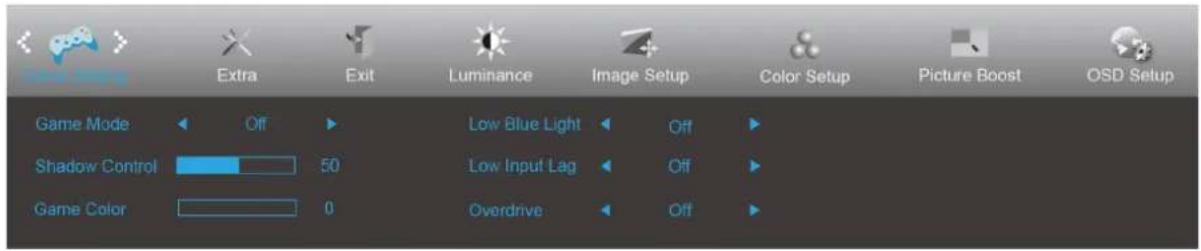 Game Mode Shadow Control Game Color Extra Exit Luminance Image Setup Color Setup Picture Boost OSD Setup Off 50 0 Low Blue Light Low Input Lag Overdrive Off Off