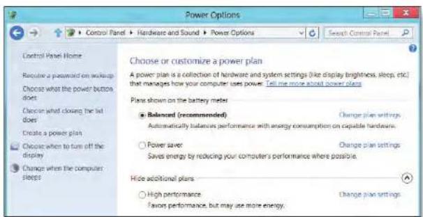 Power Options Control Panel Home Choose or customize a power plan A power plan is a collection of hardware and system settings (like display brightness, sleep, etc.) that manages how your computer uses power. Tell me more about power plans. Plan shown on the battery meter • Balanced (recommended) Automatically balanous performance with energy consumption on capable hardware. ○ Power save: Saves energy by reducing your computer's performance where possible. Hide additional plans ○ High performance: Favors performance, but may use more energy.
