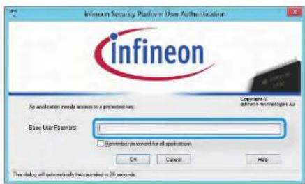Infineon Security Platform User Authentication infineon An application needs access to a protected key. Base User Password: □ General user(s) for all applications OK Cancel Help The debug will automatically be cancelled in 25 seconds.