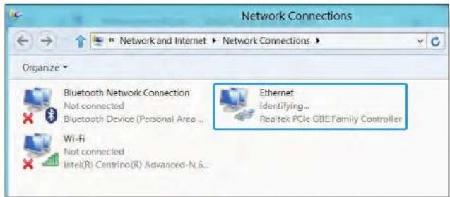 Network Connections Organize Bluetooth Network Connection Not connected Bluetooth Device (Personal Area ... Wi-Fi Not connected Intel(R) Centrino(R) Advanced-N.6... Ethernet Identifying... Realtek PCIe GBE Family Controller