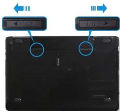 Laptop front panel with two blue circular buttons labeled '←' and '→' indicating left and right movement directions.