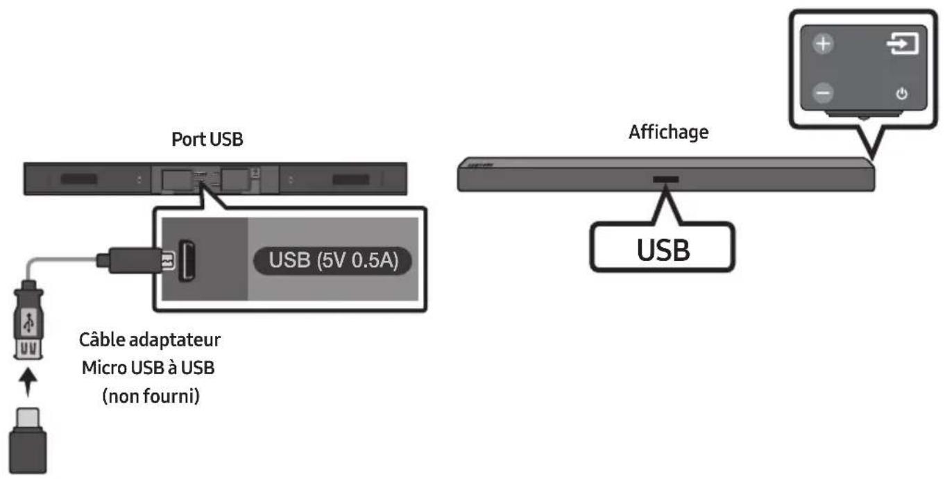 Port USB USB (5V 0.5A) Câble adaptateur Micro USB à USB (non fourni) Affichage USB