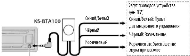 KS-BTA100 Синий/белый Чёрный Коричневый Жгут проводов устройства (→ 17) Синий/белый: Пульт дистанционного управления Чёрный: Заземление Коричневый: Уменьшение звука при вызове