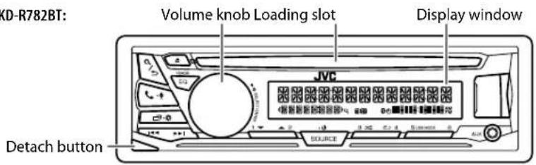 XD-R782BT: Volume knob, Loading slot, Display window, JVC, Detach button