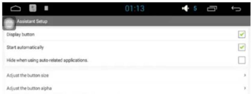01:13 Assistant Setup Display button Start automatically Hide when using auto-related applications. Adjust the button size Adjust the button alpha