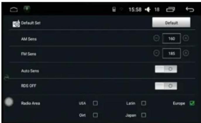 Default Set AM Sens 160 FM Sens 185 Auto Sens RDS OFF Radio Area USA Latin Europe Oirt Japan