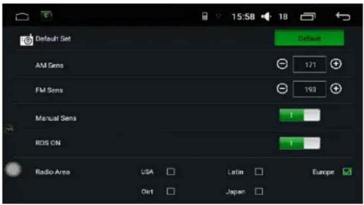 Default Set AM Sens 171 FM Sens 193 Manual Sens RDS ON Radio Area USA Latin Europe Oirt Japan